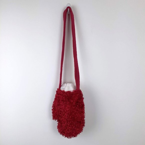 Santa Mitten Bag. Faux fur ugly sweater purse with white furry pom poms shimmery - Picture 7 of 11